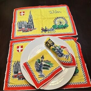 Vintage Austrian Linens Napkins Placemats Lot Mid Century Bright Color Landmarks